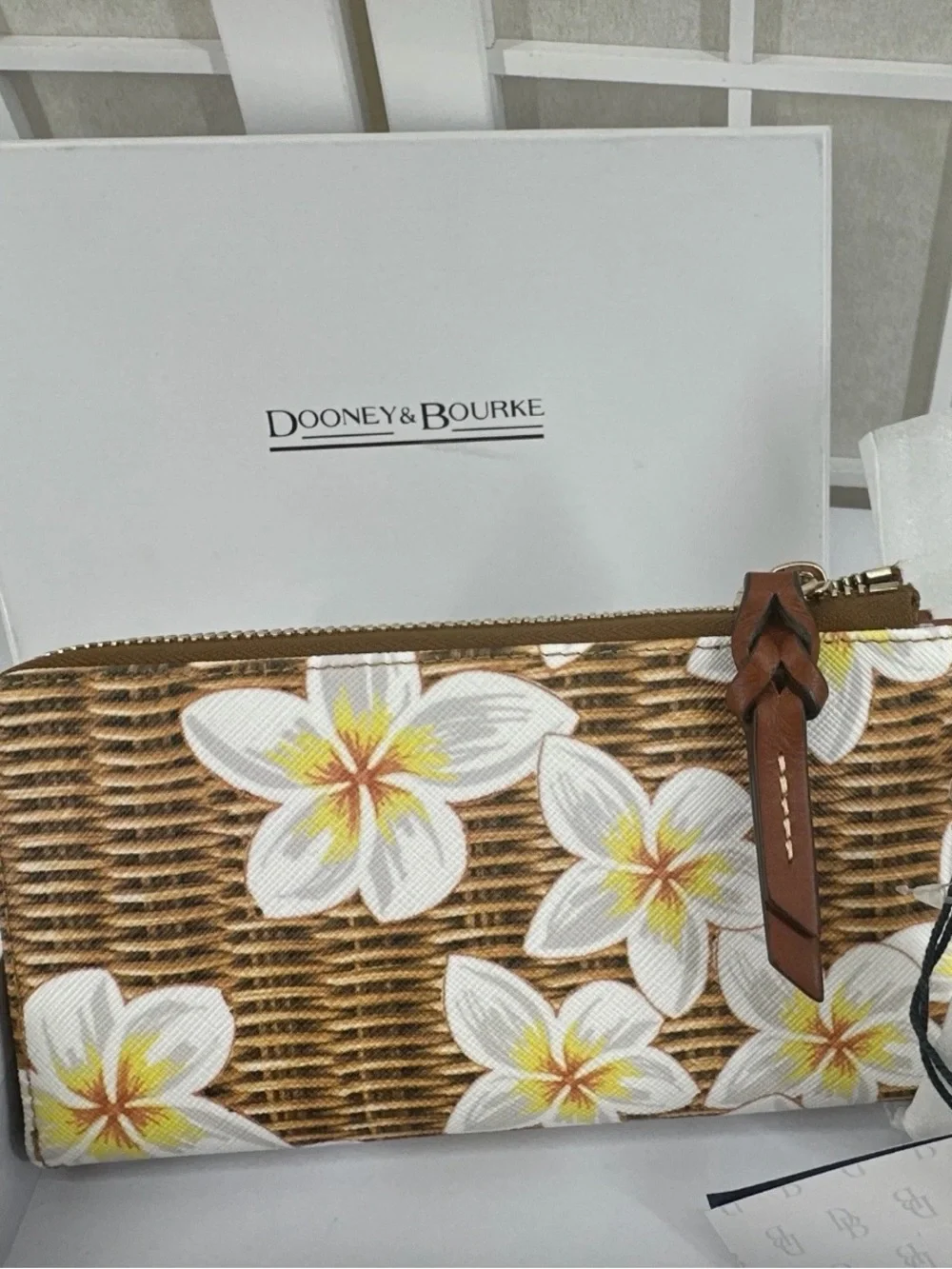 Dooney & Bourke Brown Wicker Floral Wristlet with Yellow Accents